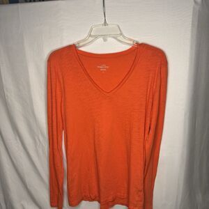 J Crew Vintage Cotton Women's Large Orange Long Sleeve V Neck Blouse Top T Shirt